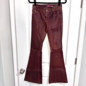 Alice + Olivia Brown Leather Flared Pants Vintage Finish Size 2